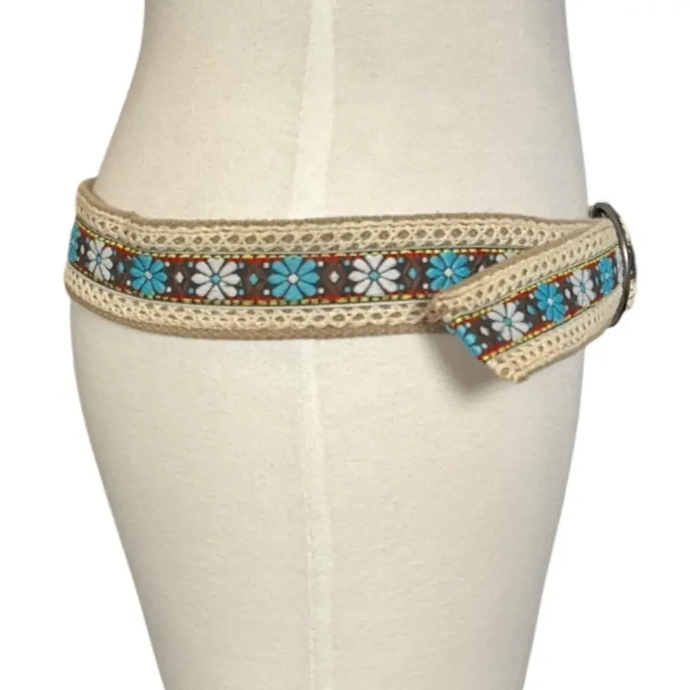 Y2K Boho Hippie Festival Belt Floral Embroidered O-Ring Crochet Retro Indie